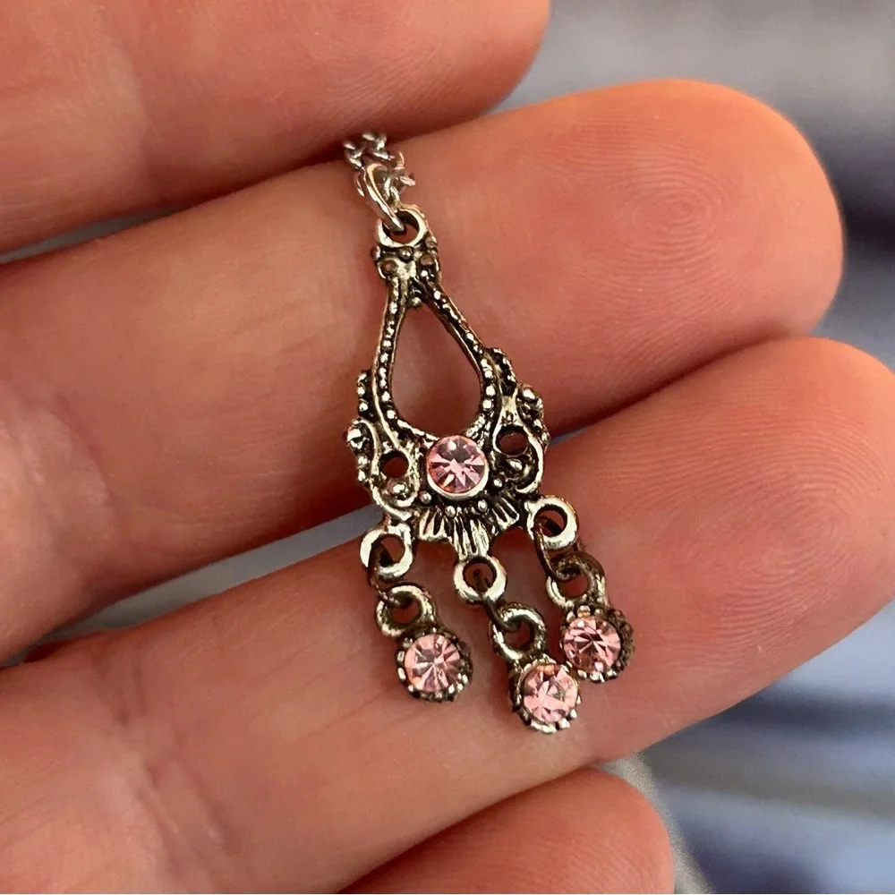 Handcrafted repurpose pink stone chandelier pendant on chain necklace